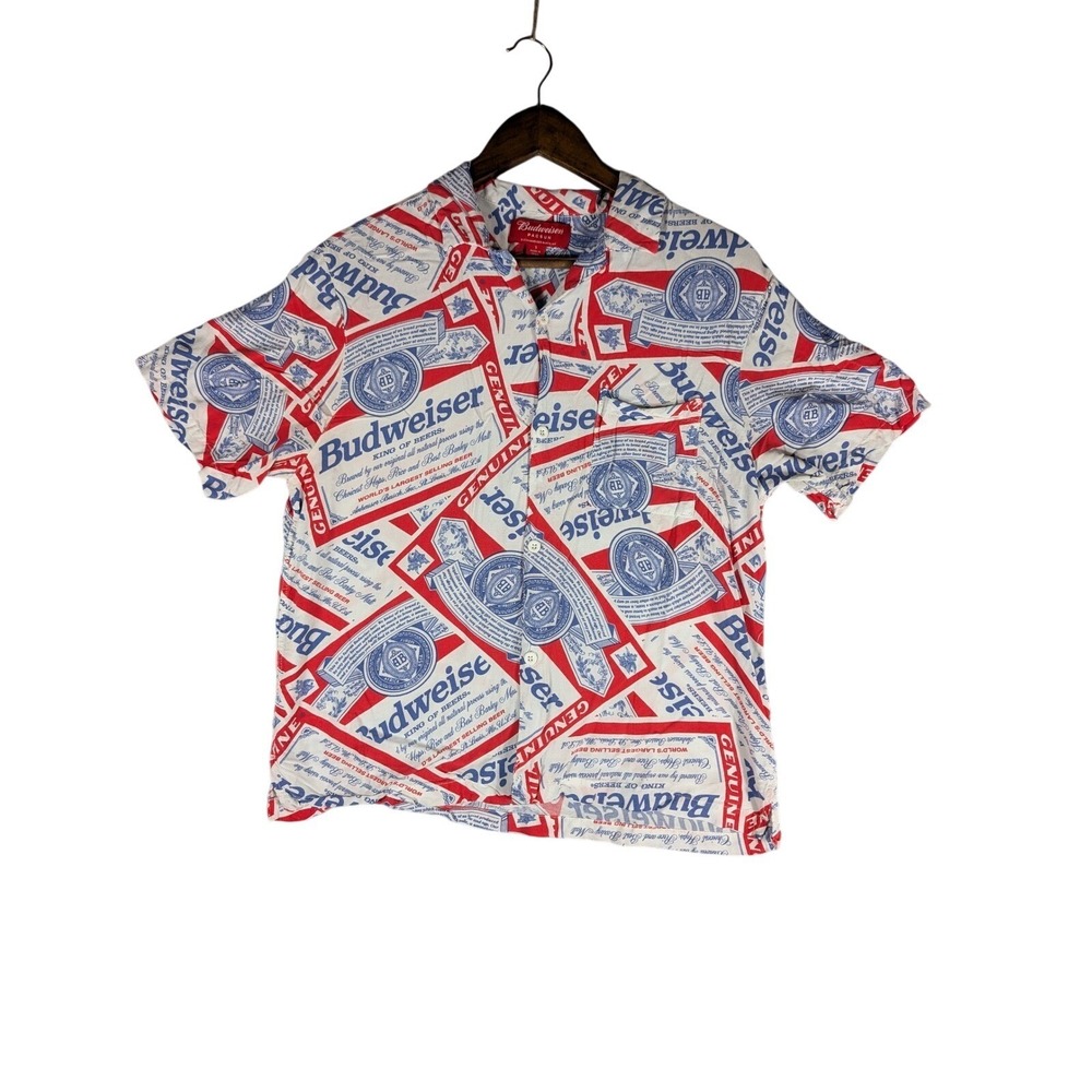 PacSun Budweiser Beer Label‎ All Over Print Short Sleeve Button Up Shirt Mens S